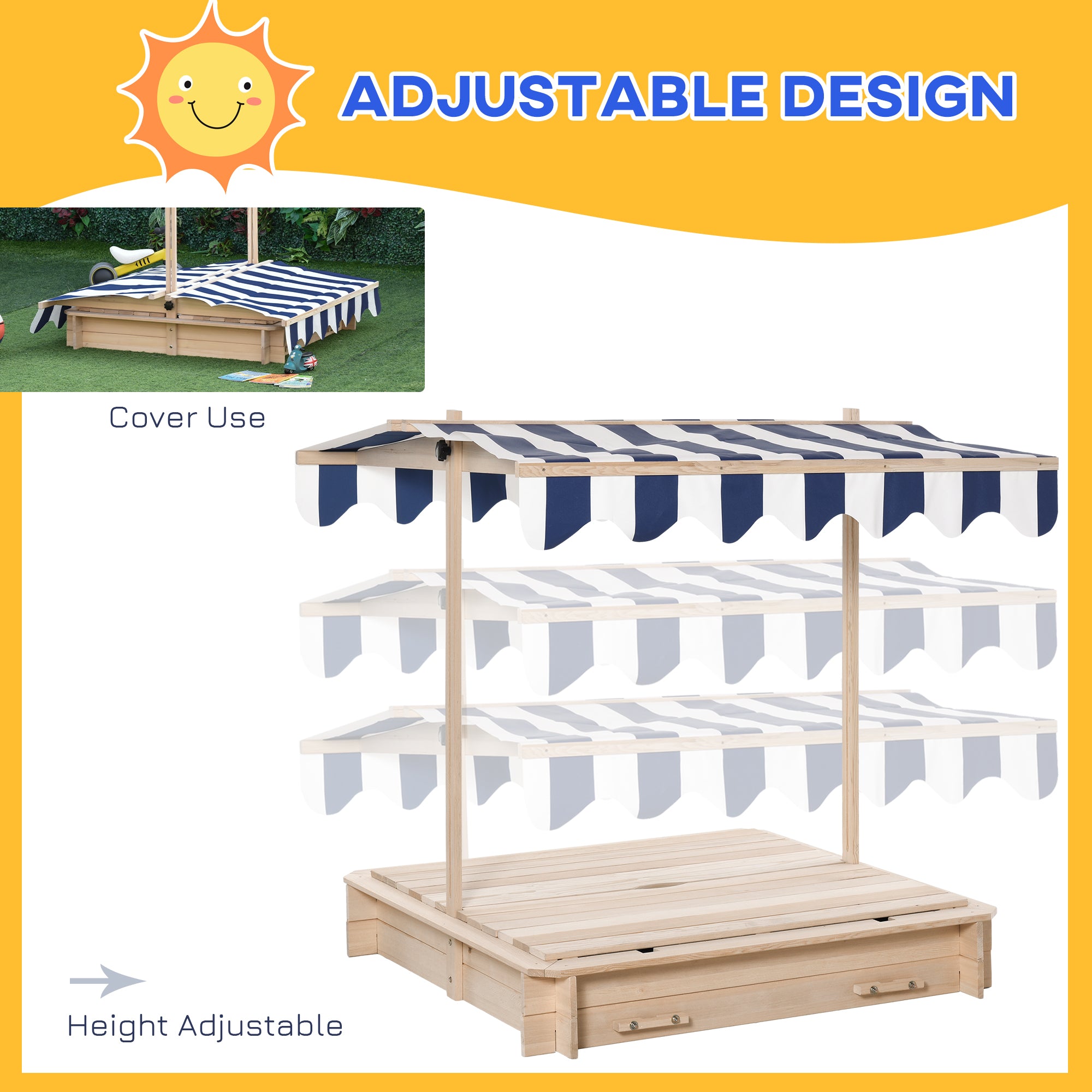 Outsunny Wooden Sandbox for Kids with Adjustable Canopy and Convertible Bench, Outdoor Playset - Sand