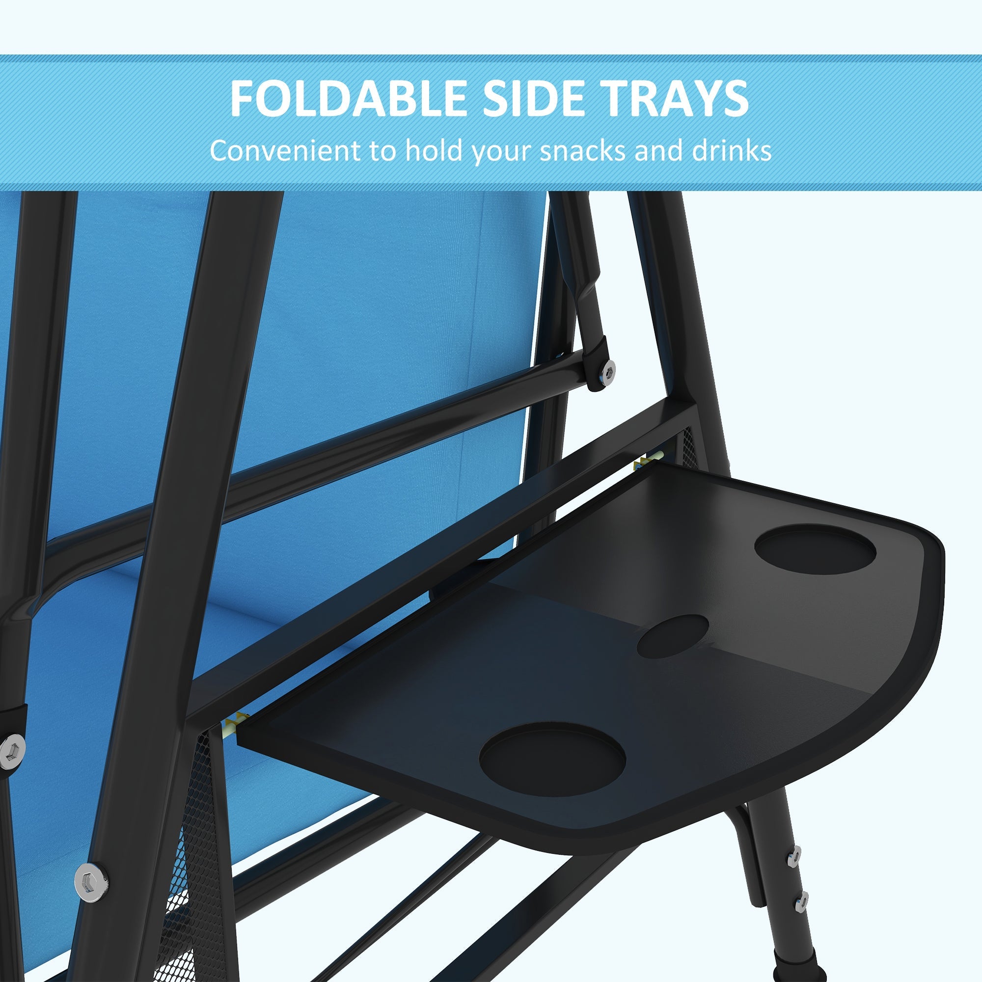 Outsunny 3-Seat Patio Swing with Adjustable Canopy & Side Tray, Outdoor Porch Swing, Removable Blue Cushion for Garden, Poolside