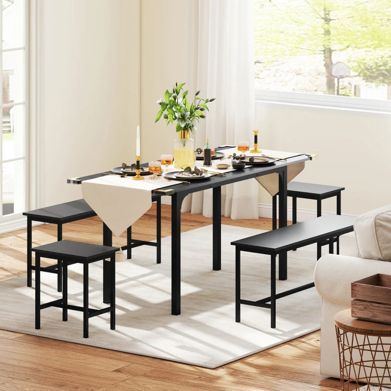 Extendable Dining Table Set, 5-Piece Dining Set for 4-6 with 2 Benches and 2 Stools for Small Spaces, Black