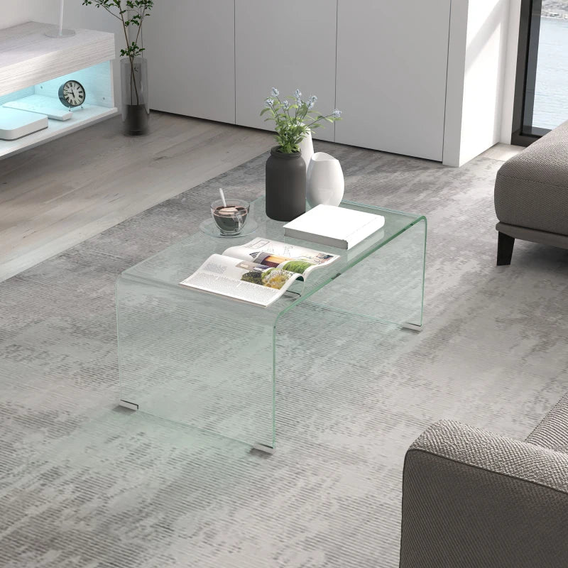 Glass Coffee Table, Clear Coffee Table for Living Room, Modern Rectangle Center Table with Safe Rounded Edges
