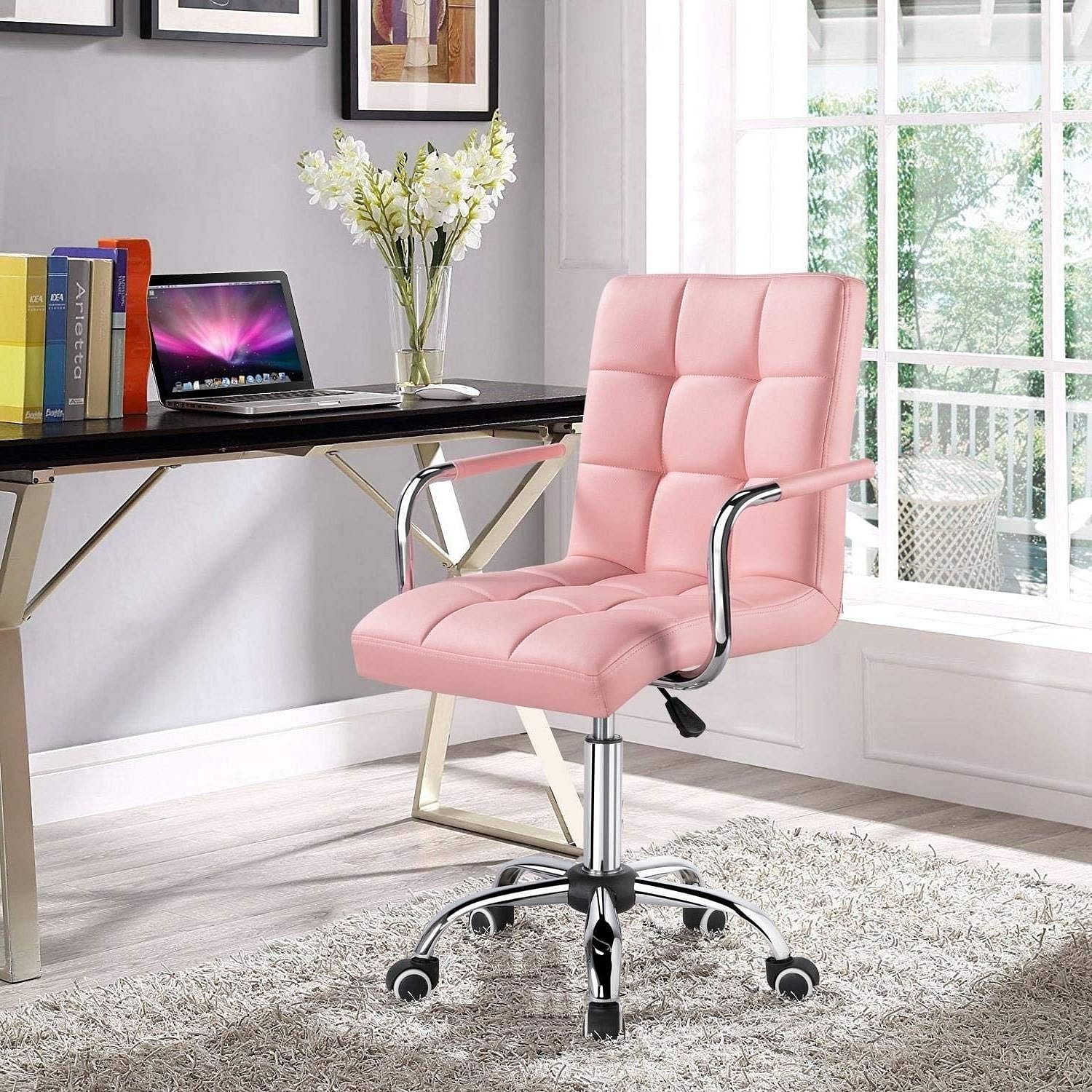 Pink Modern Faux Leather Mid-Back Swivel Office Chair with Armrests and Wheels - Free Shipping