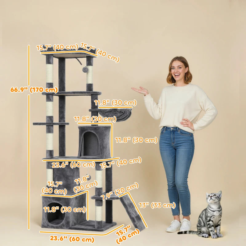 67" Large Cat Tree with 7 Scratching Posts, Tunnel, 2 Condos, Hammock, Perch, Ramp, Pompoms, Dark Grey