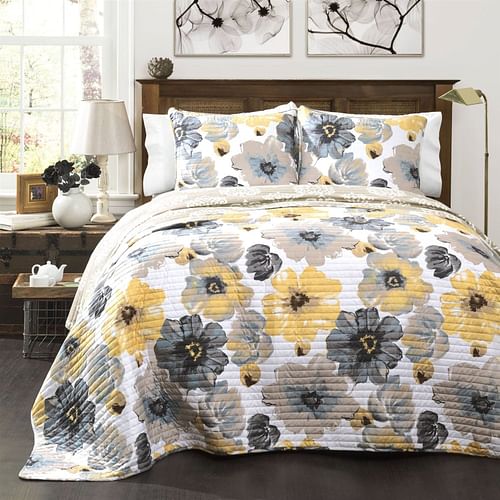 King size White Yellow Grey Flowers Lightweight Polyester Microfiber Quilt Set - Free Shipping