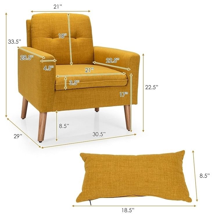 Yellow Linen Mid-Century Modern Living Room Accent Chair with Pillow - Free Shipping
