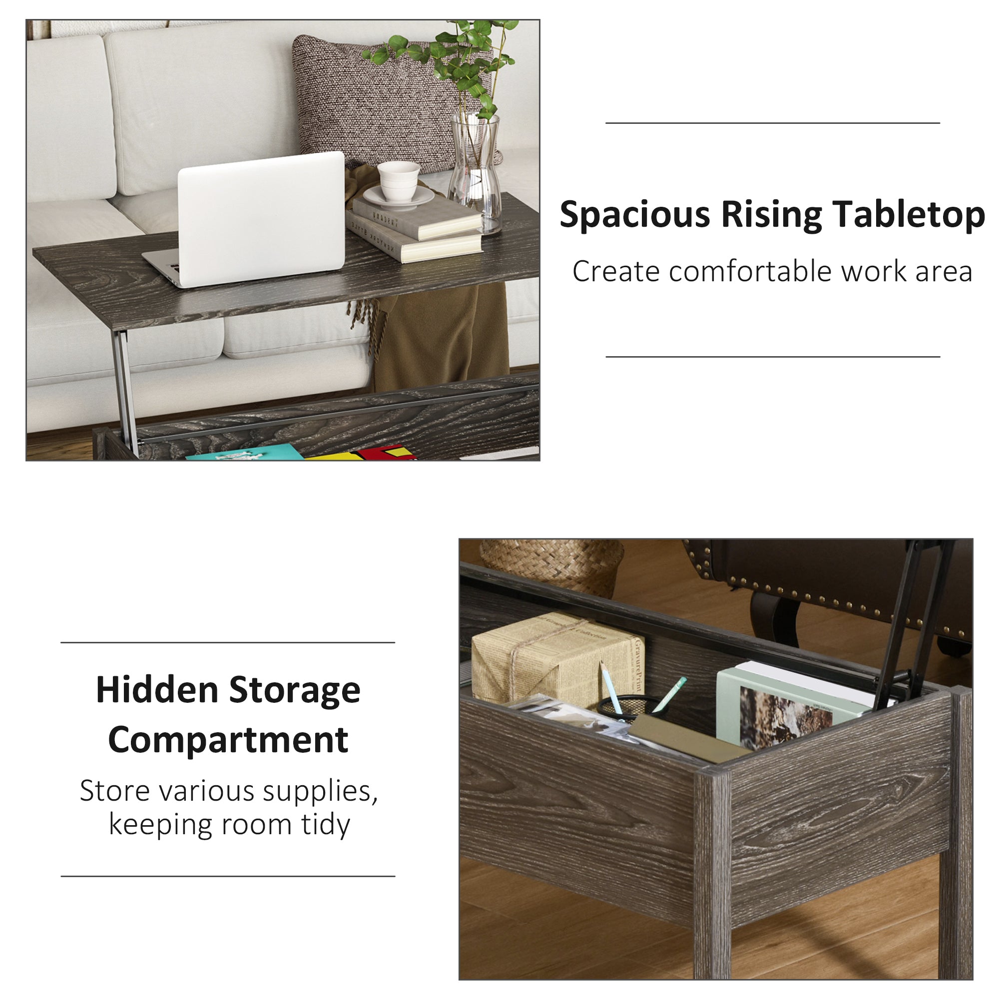 HOMCOM Grey 39" Modern Lift Top Coffee Table: Center Table with Hidden Storage Compartment for Living Room