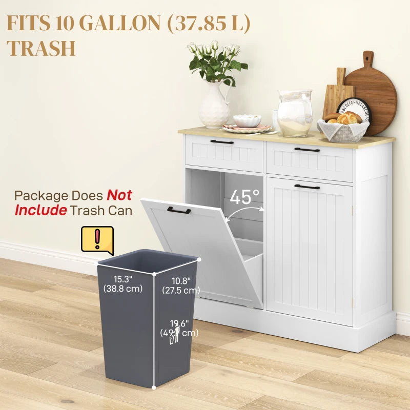 Hidden Garbage Bin Cabinet, Tilt Out Trash Cabinet w/ 2 Drawers, Freestanding Kitchen Island for Laundry, White