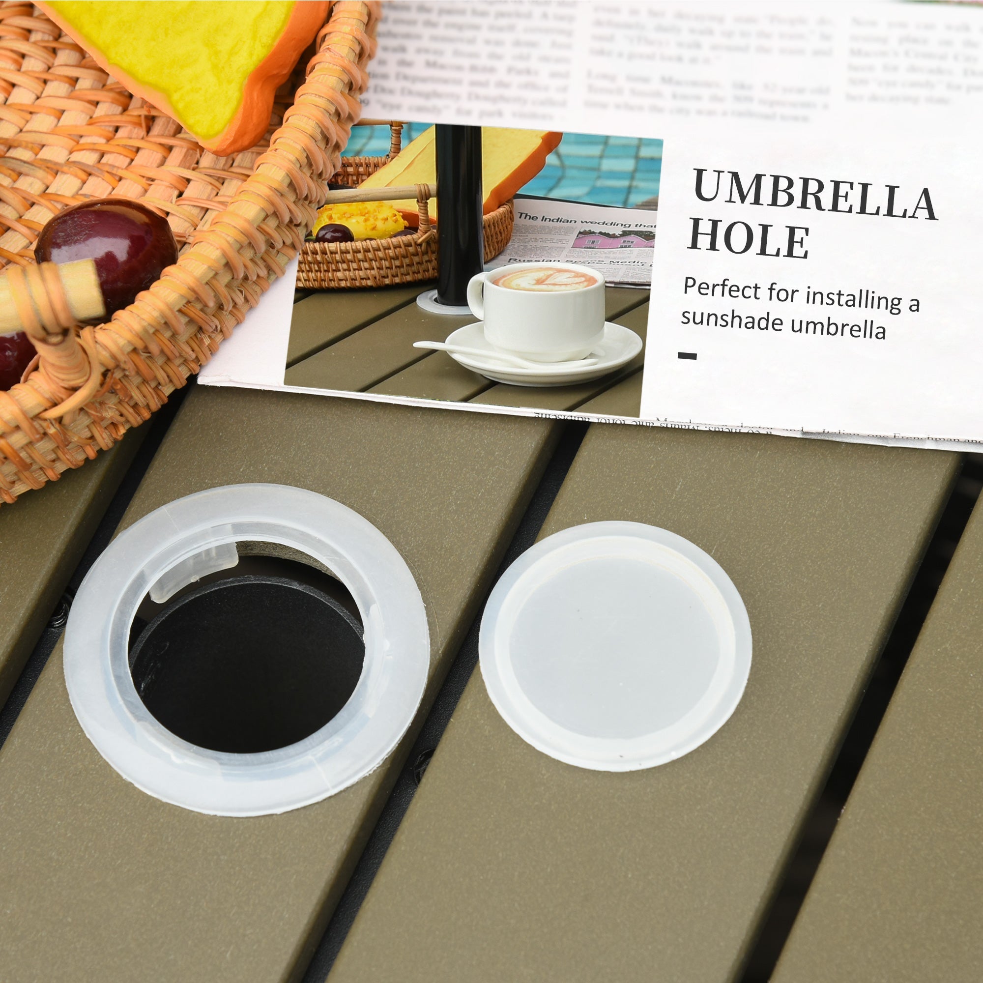 Outsunny 22" Square Steel PE Rattan Wicker Table With Umbrella Hole Patio Dining Side Table Used as Umbrella Stand Black