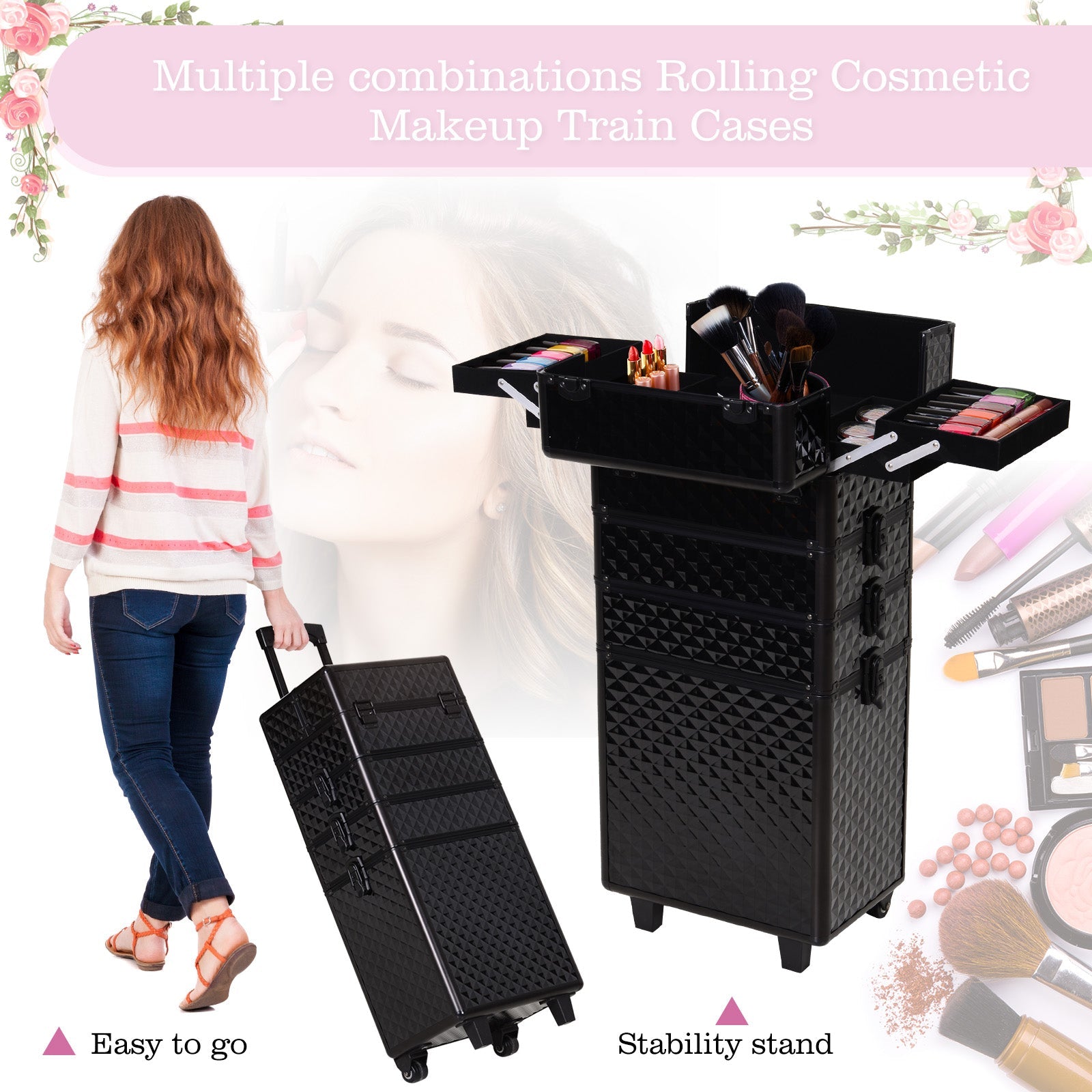 HOMCOM 4 in 1 Makeup Train Case Portable Aluminum Rolling Cosmetic Organizer Trolley with Wheels Multiple Compartments Black