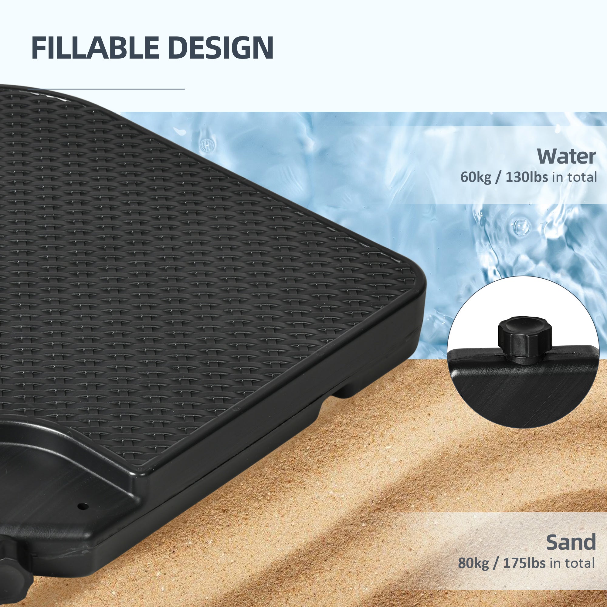 Outsunny Cantilever Umbrella Base Weights: 4PCs HDPE Water/Sand Fill with Handles for Offset Banana Parasol, Black