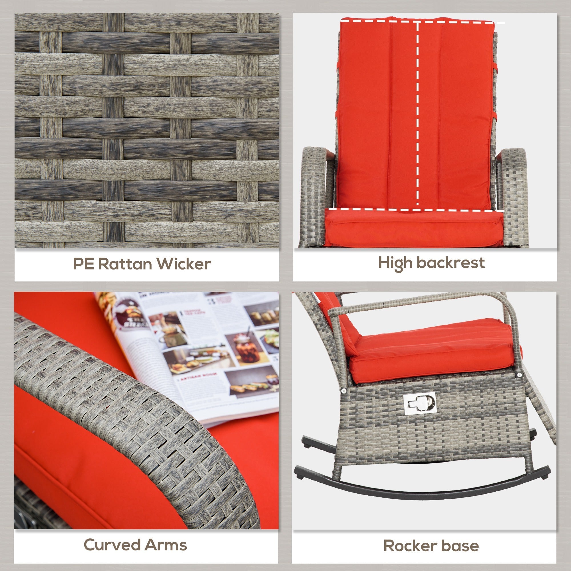 Outsunny Wicker Rocking Chair Outdoor Sofa Glider Rocker Patio Rattan Recliner Furniture with Soft Cushion, Adjustable Footrest, Red