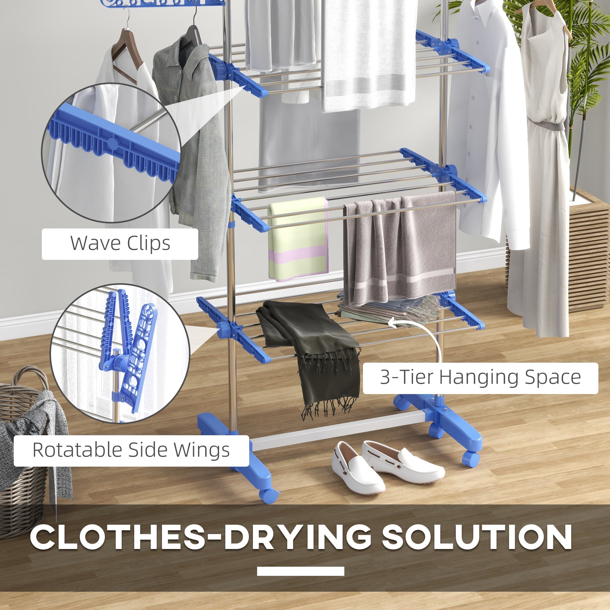 HOMCOM Clothes Drying Rack 3-Tier Stainless Steel Laundry Rack with Side Wings 6 Castors Blue
