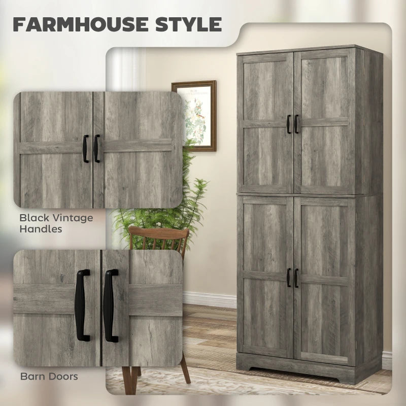 Farmhouse Kitchen Pantry Cabinet, Kitchen Cabinet with Barn Doors, Adjustable Shelves and Door Racks, Distressed Grey