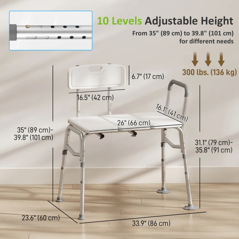 Tub Transfer Bench & Shower Chair with Adjustable Height, Armrest & Backrest – White