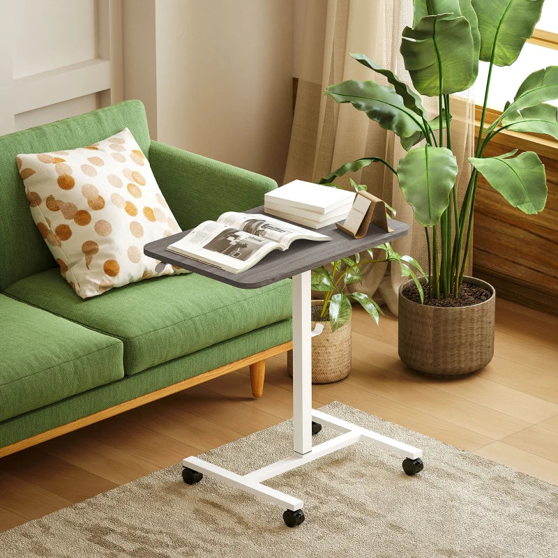 Height Adjustable Standing Desk, Pneumatic Sit Stand Desk with Wheels and Headphone Hook, Grey Wood Grain