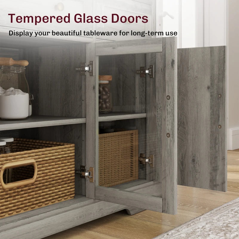 Dining Room Sideboard Buffet Cabinet with Storage, Coffee Bar Cabinet with Glass Doors and Adjustable Shelves, Weathered Grey Oak