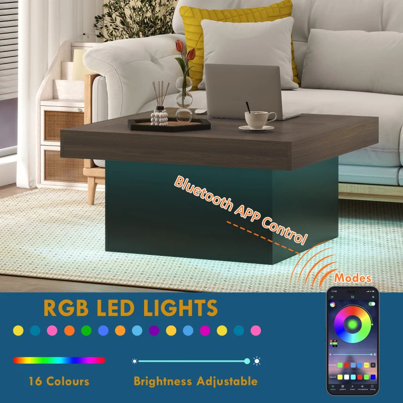 Square Coffee Table with 16-Colour LED Lights, 35-inch Modern Center Table for Living Room, Walnut