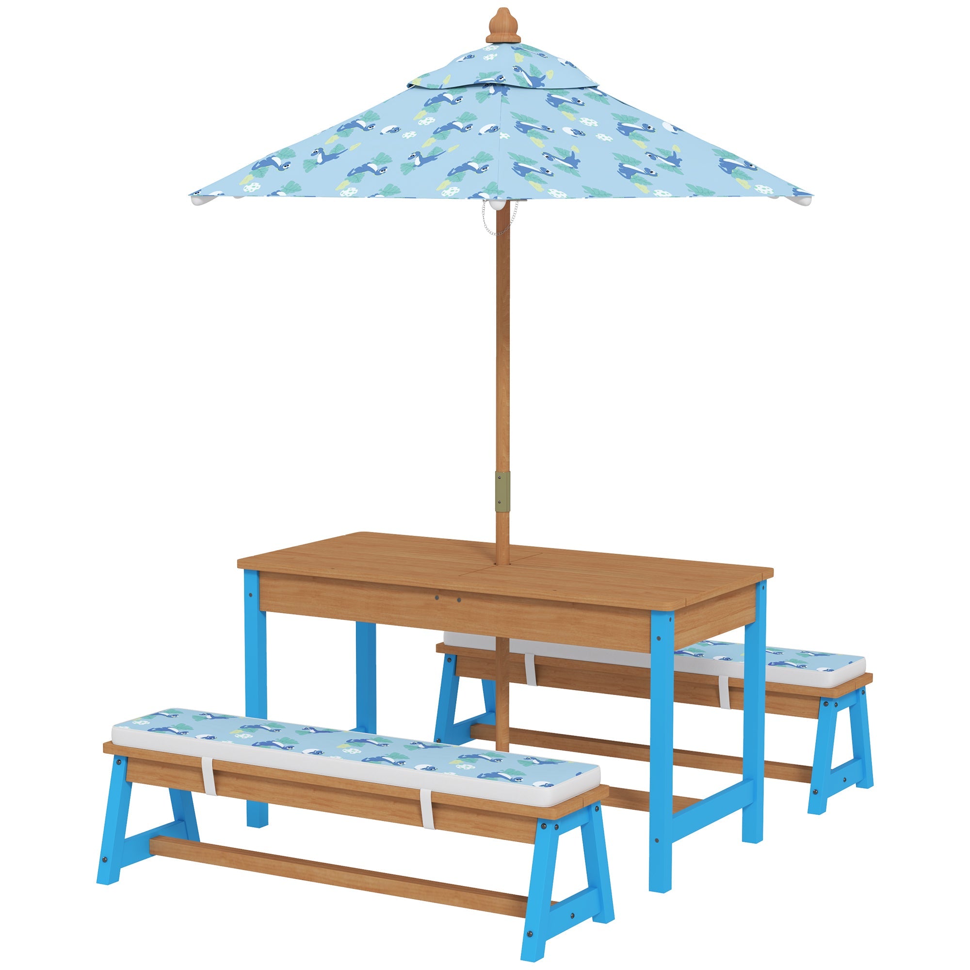 Qaba Kids Picnic Table and Bench Set with Removable Umbrella, Cushions & Boxes, Dinosaur Theme for Outdoor, Blue