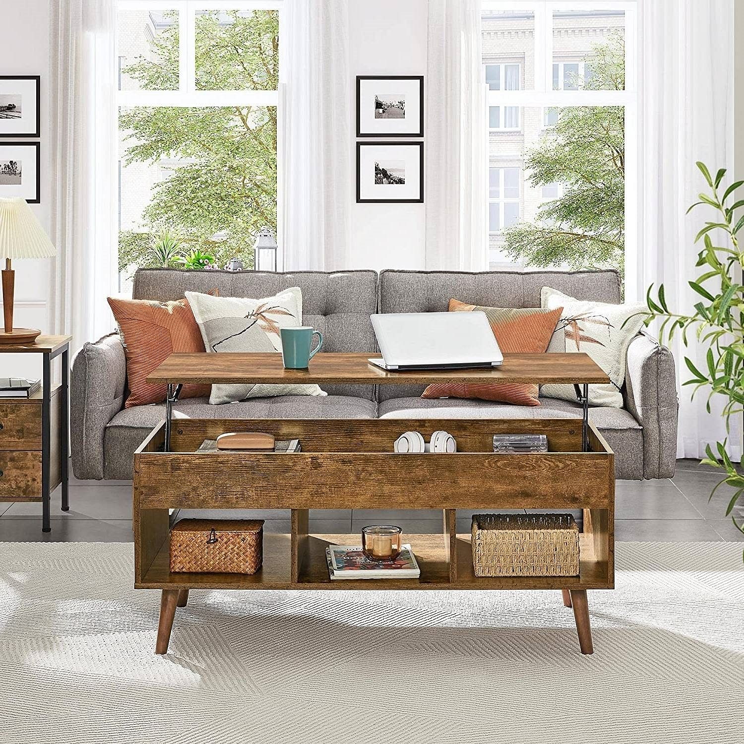 Mid-Century Lift-Top Coffee Table Sofa Laptop Desk in Rustic Brown Wood Finish - Free Shipping