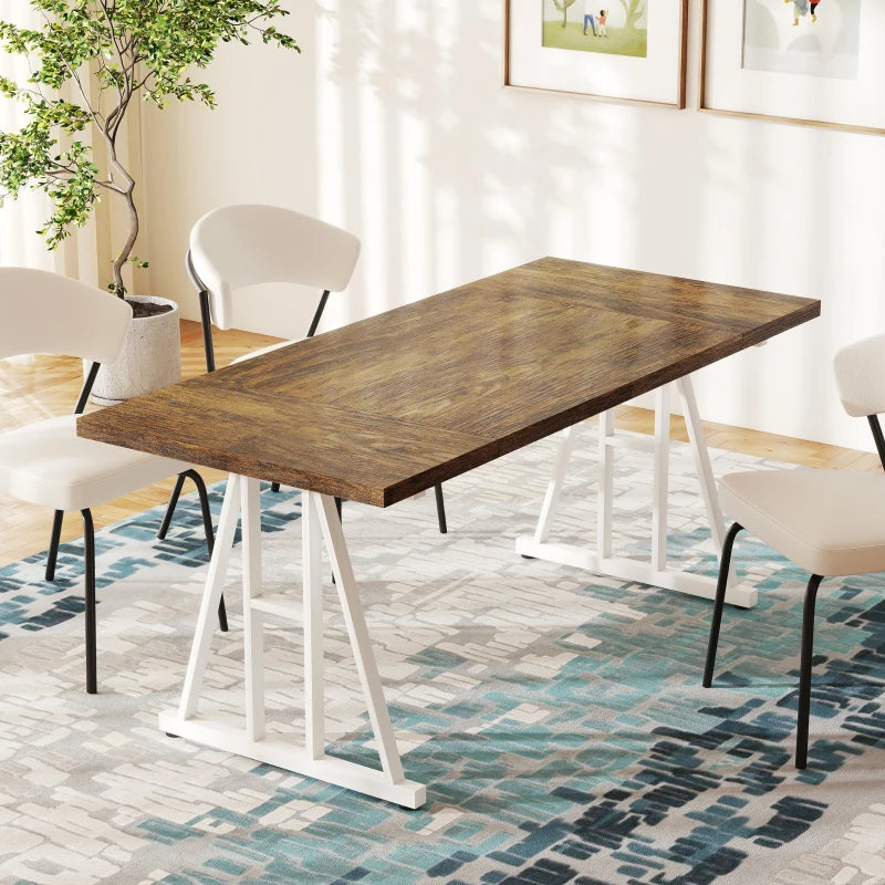 Farmhouse Kitchen Table for 8, Rectangular Dining Table with Thick Tabletop and Steel Trestle Legs, Brown and White