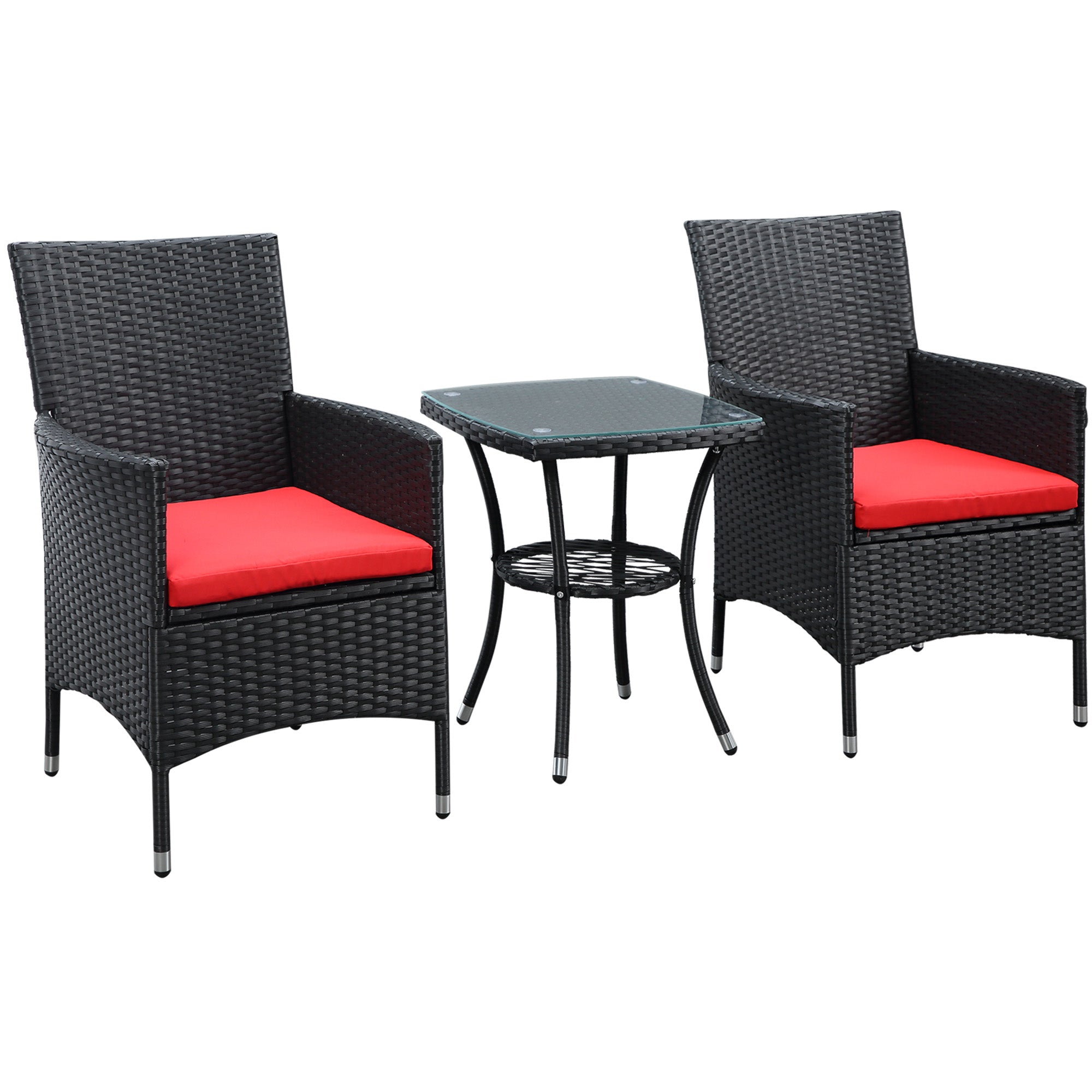 Outsunny 3PC Rattan Bistro Set Outdoor Garden Furniture 2 Armchair Glass Top Coffee Table Wicker Black