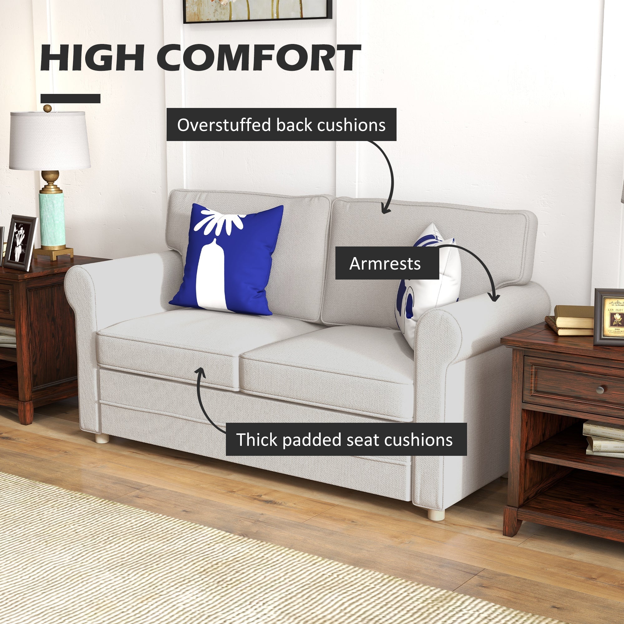 HOMCOM 59" Loveseat Sofa Bedroom Living Room Upholstered 2 Seater Couch Steel Frame Light Grey