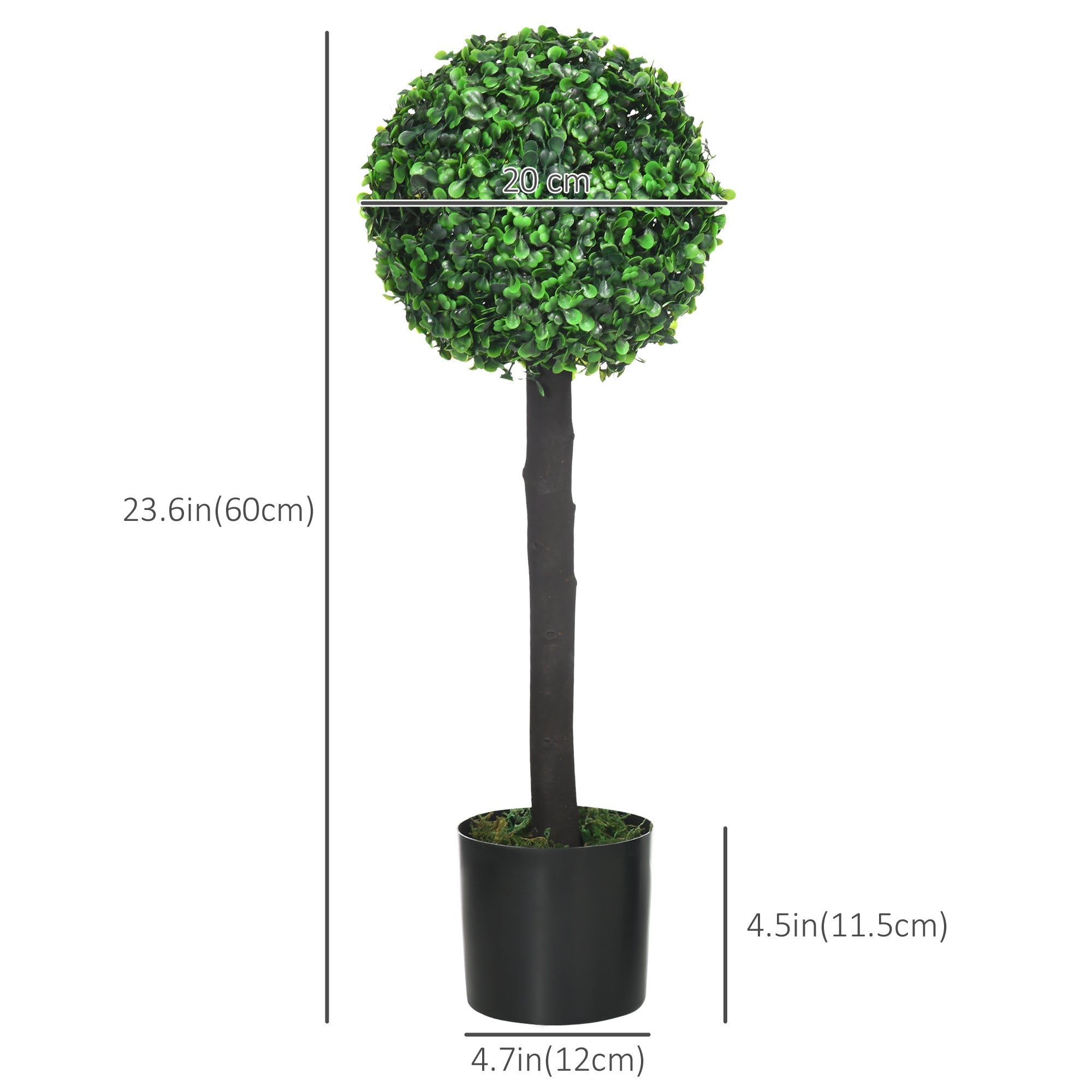 HOMCOM 2ft Artificial Boxwood Ball Trees: Set of 2 Fake Plants in Pot for Indoor Outdoor, Green