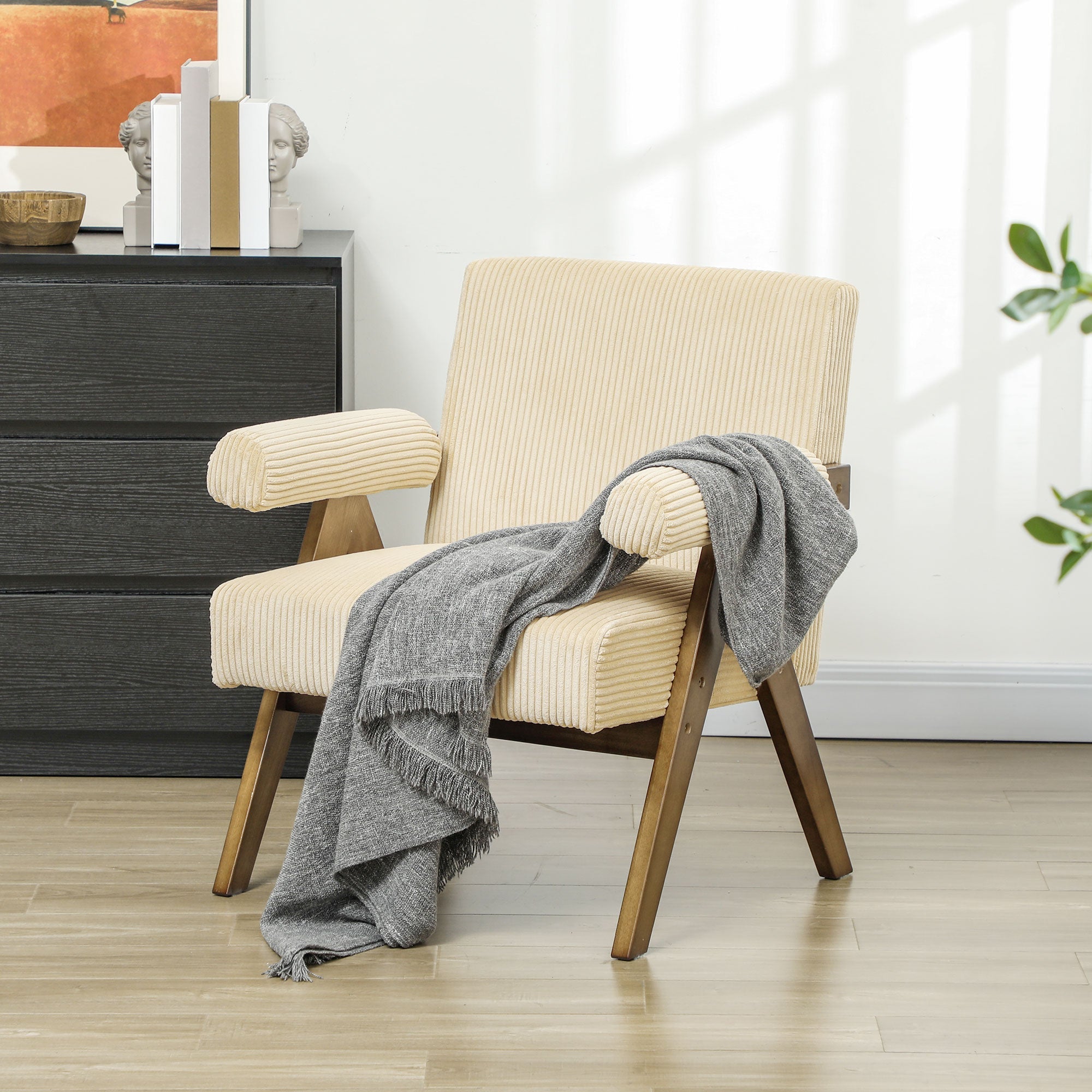 HOMCOM Corduroy Accent Chair Armchair with Wide Seat and Soft Padded Armrests for Reading, Bedroom, Beige