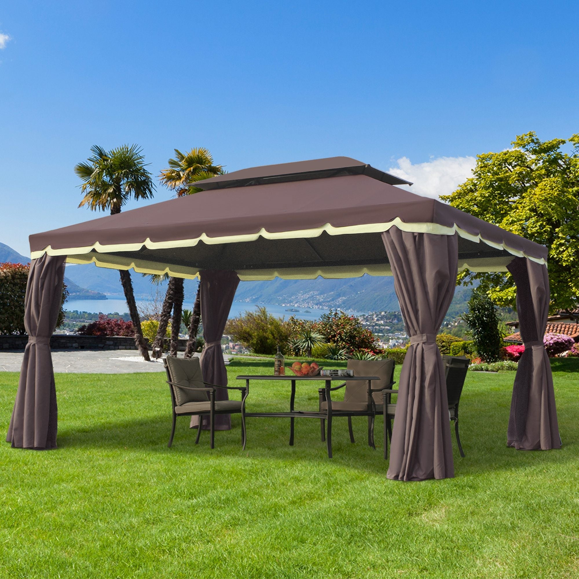 Outsunny Aluminum Frame Gazebo Canopy 10x13ft Double Tier Garden Shelter with Netting Curtains Coffee