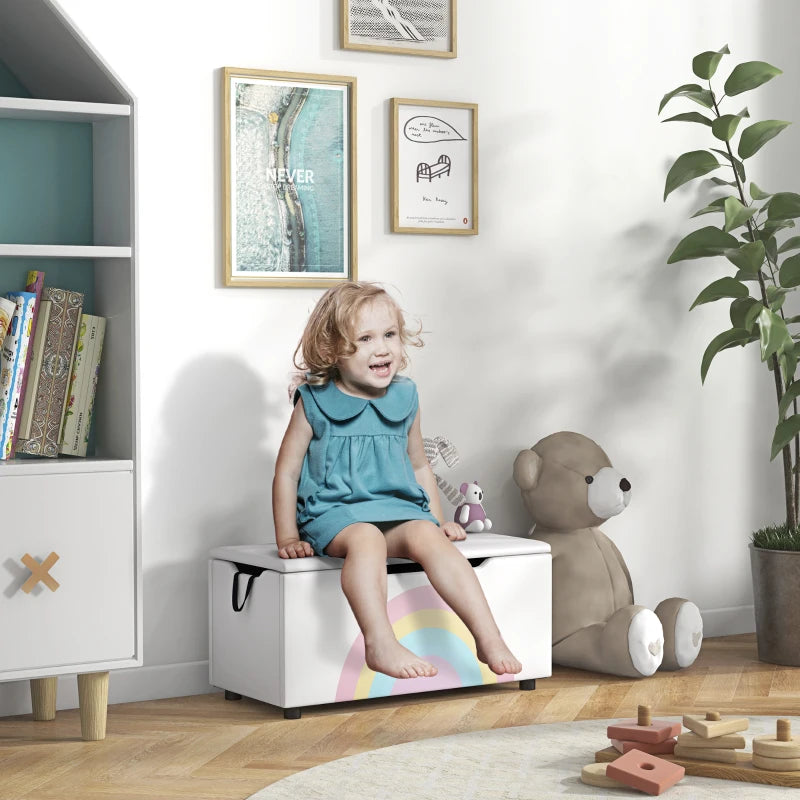 Qaba Toy Chest, Kids Toy Bench Box, Lightweight Storage Bench with Lid and Side Handles, for Nursery Room Playroom Bedroom, Gift for 3-8 Years Old, White