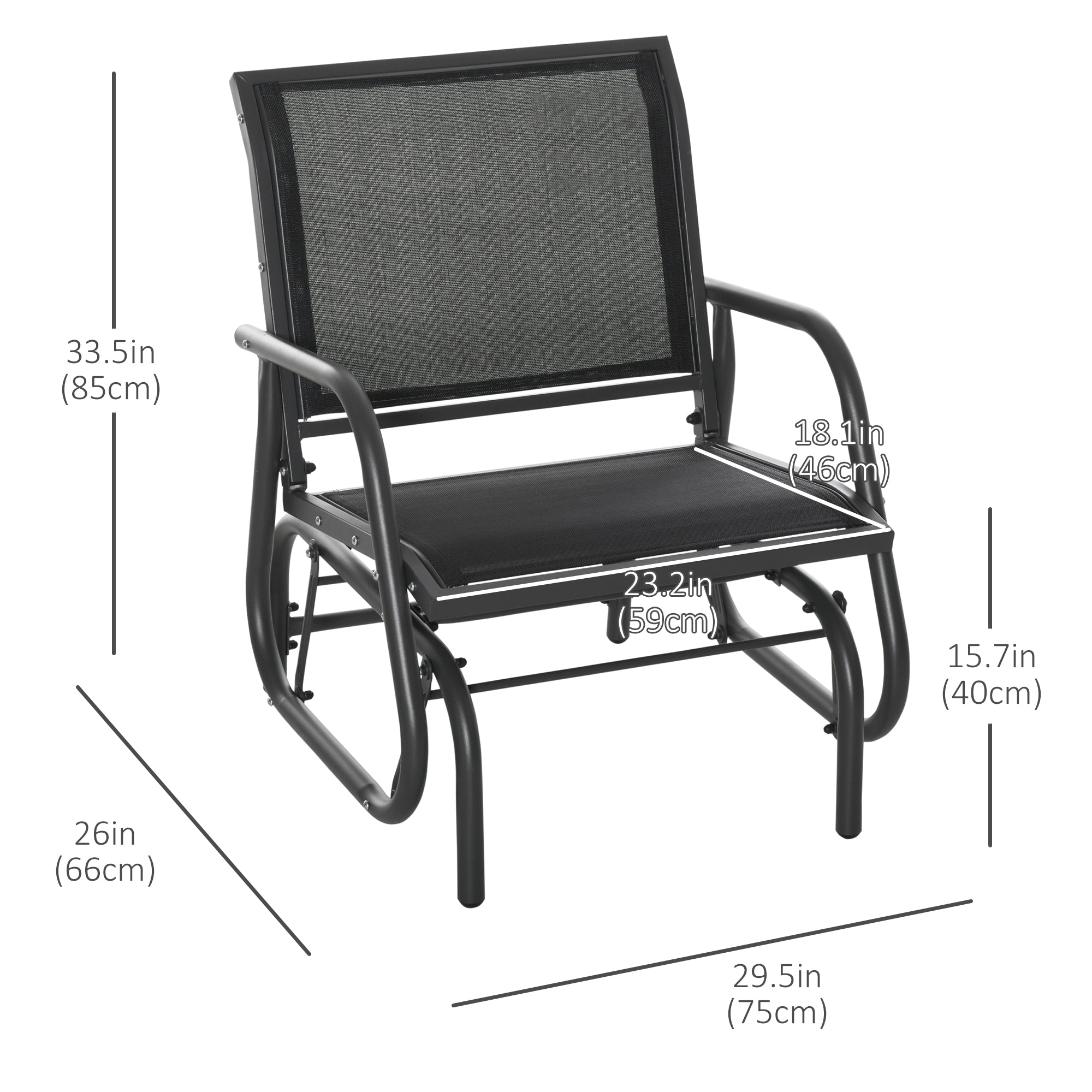 Outsunny Outdoor Glider Swing Chair with Breathable Mesh Seat and Backrest Steel Frame Curved Rocking Arms Dark Grey and Black