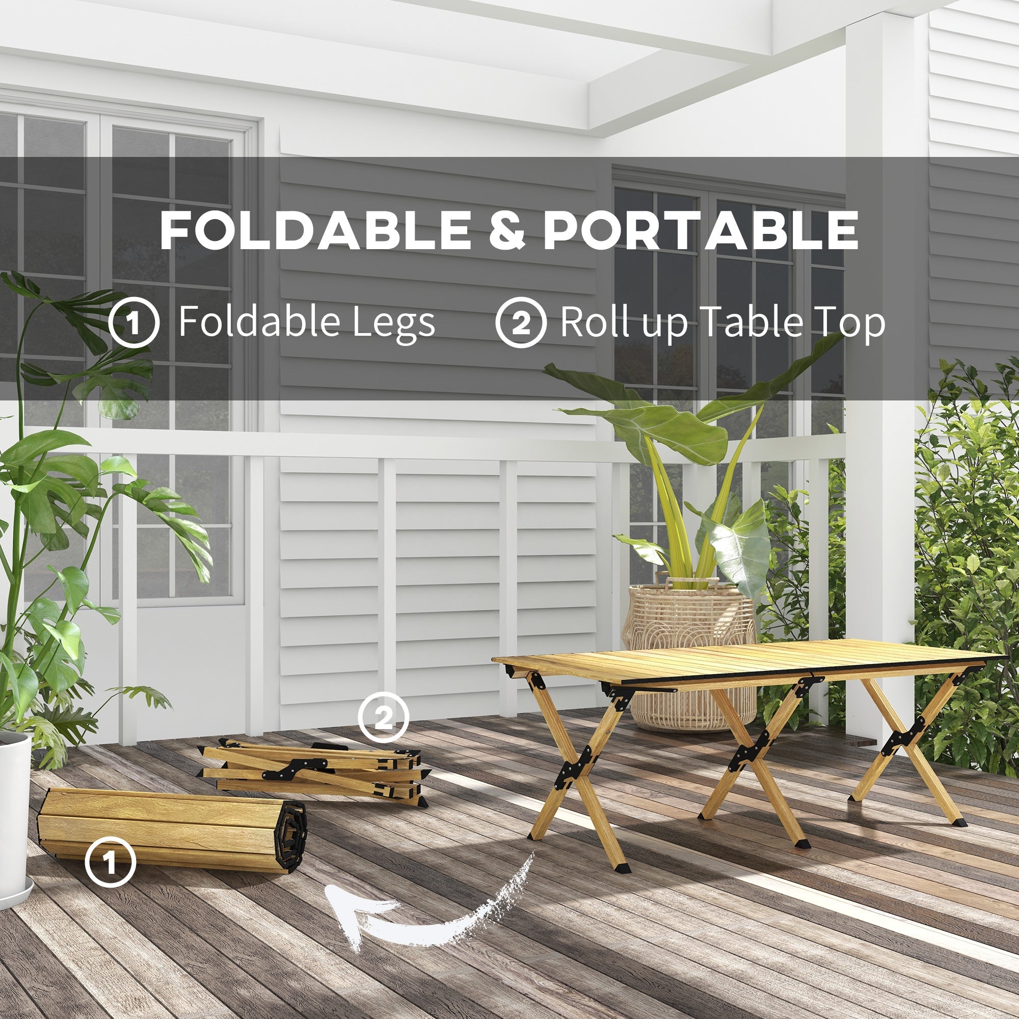Outsunny Portable Aluminum Picnic Table: Folding, with Roll-Up Top for Party, BBQ, Beach, Easy Carry Design - Natural Finish