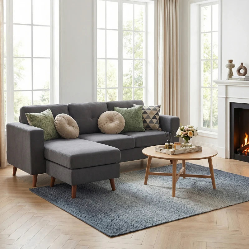 Sectional Sofa with Changeable Chaise Lounge, 3 Seat L-Shaped Small Space Sofa, Upholstered Couch for Small Space, Dark Grey