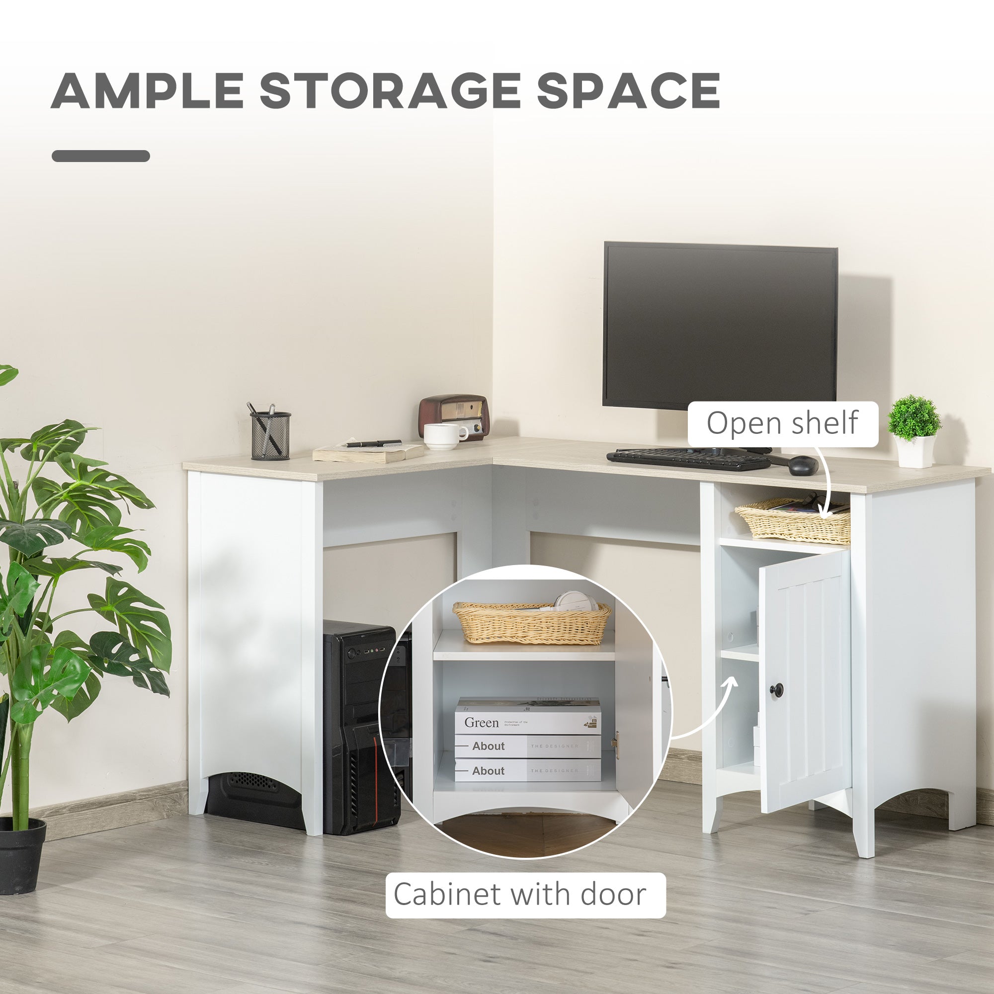 HOMCOM L-Shaped Desk for Home Office Spacious Corner Computer Desk with Shelf & Cabinet Modern Workstation in Natural Wood & White