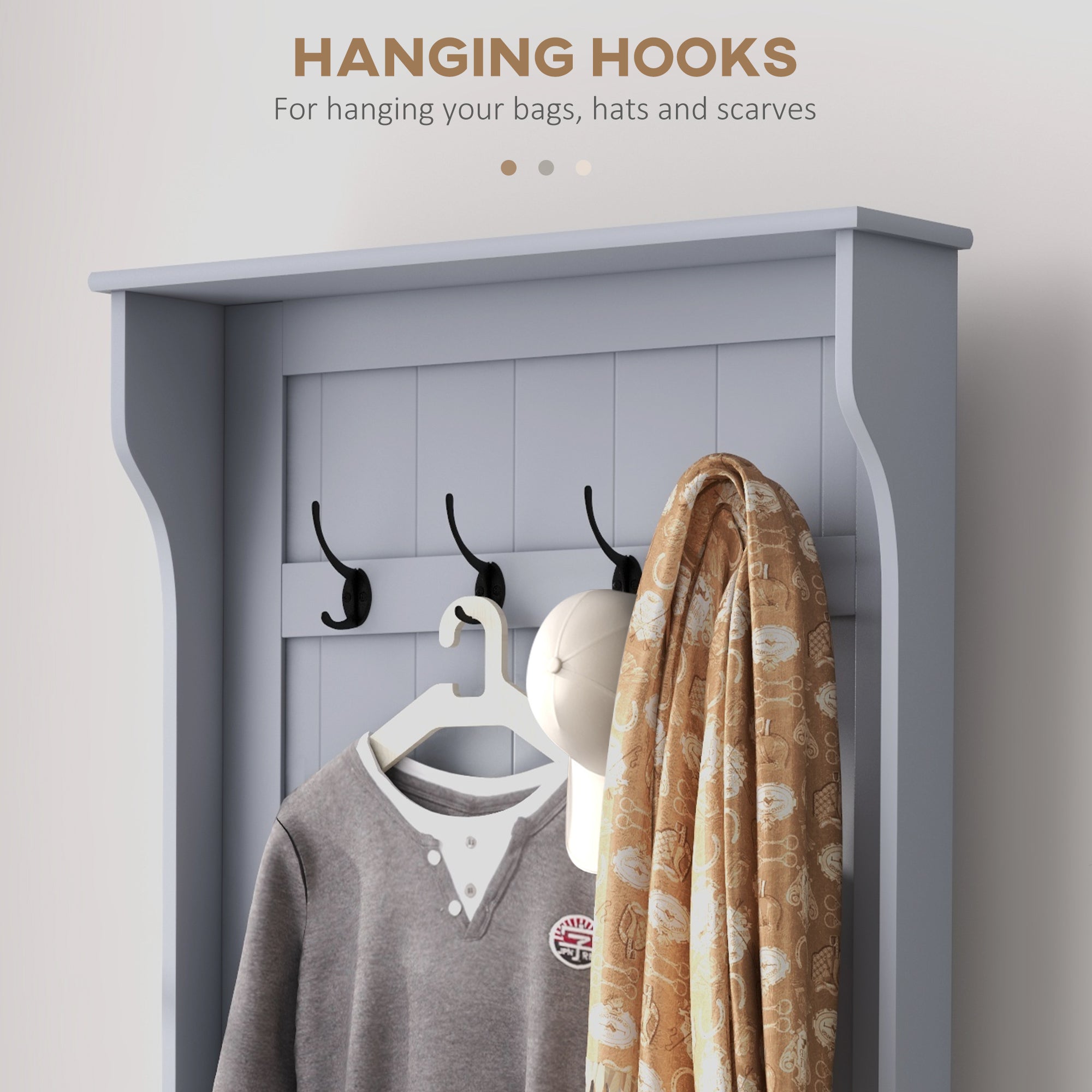 HOMCOM 3-In-1 Hall Tree with Coat Rack, Shoe Storage and Bench Seat, Entryway Bench with 4 Hooks for Hallway, Living Room, Grey