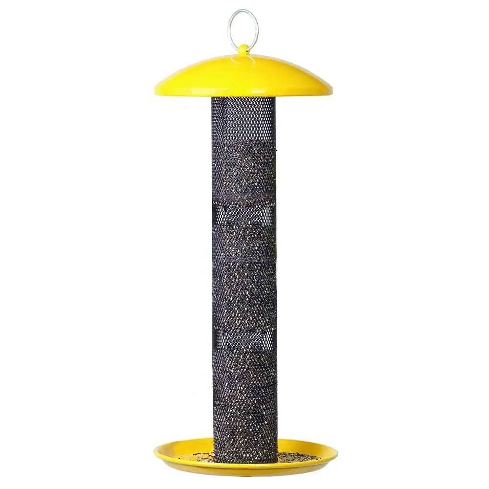 Durable Metal Mesh Tube Hanging Bird Feeder with Yellow Top and Perch - Free Shipping