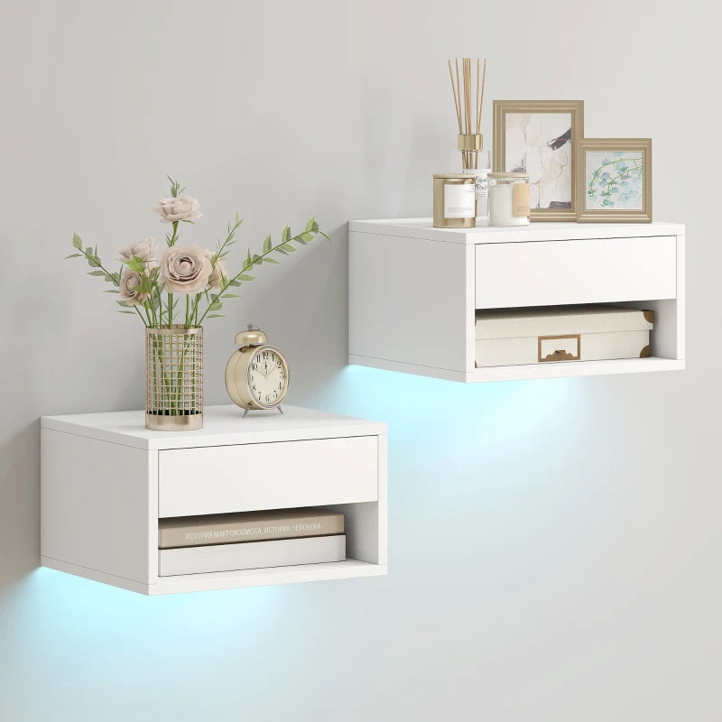 Floating Bedside Table Set of 2 with RGB LED Lights, App-Controlled Wall Mounted Nightstands with Drawer & Open Shelf, White