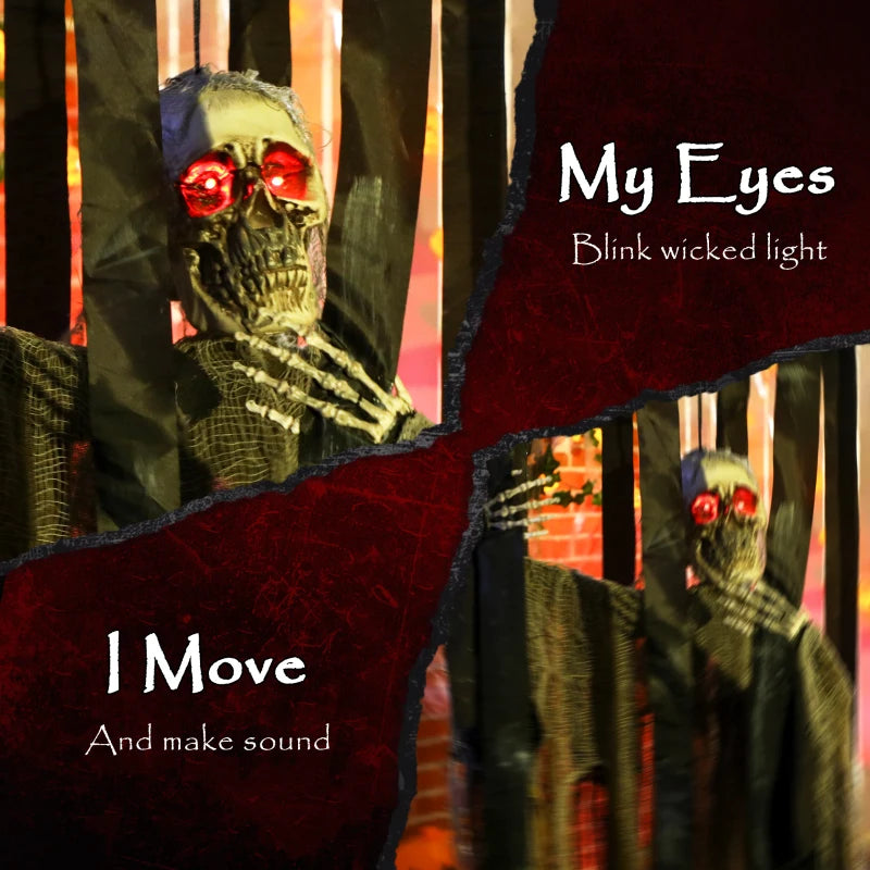 Outsunny Animatronic Hanging Skeleton Reaper in Cage – Voice-Activated Halloween Prop with Flashing Eyes