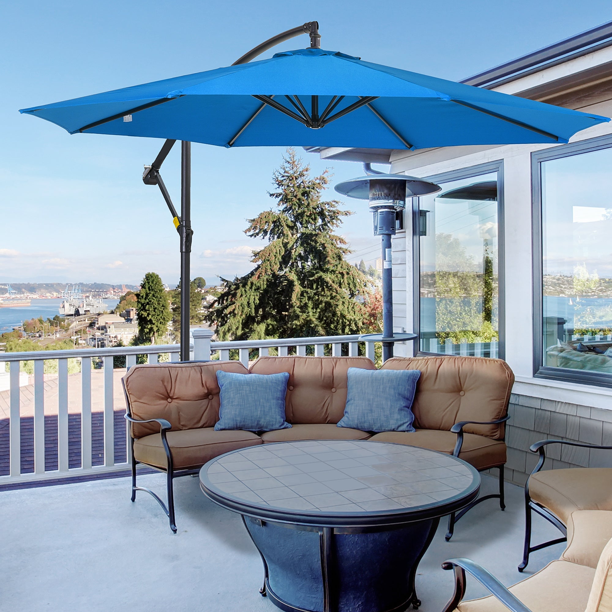 Outsunny 10ft Banana Hanging Rattan Set Sun Shade Patio Umbrella Cantilever Blue