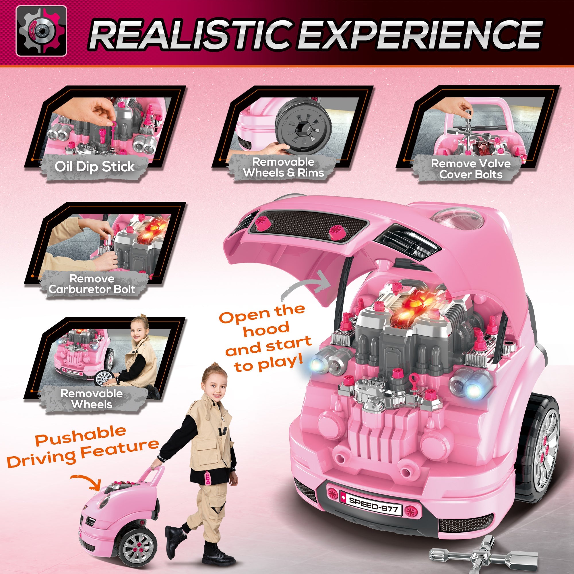 Qaba Kids Mechanic Truck Engine Repair Toy Set Car Service Pink Playset with Tools for Pretend Play
