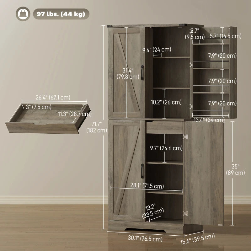 72" Kitchen Pantry Cabinet, Farmhouse Storage Cabinet with 4 Doors, Drawer, 8 Door Shelves and Adjustable Shelf, Grey