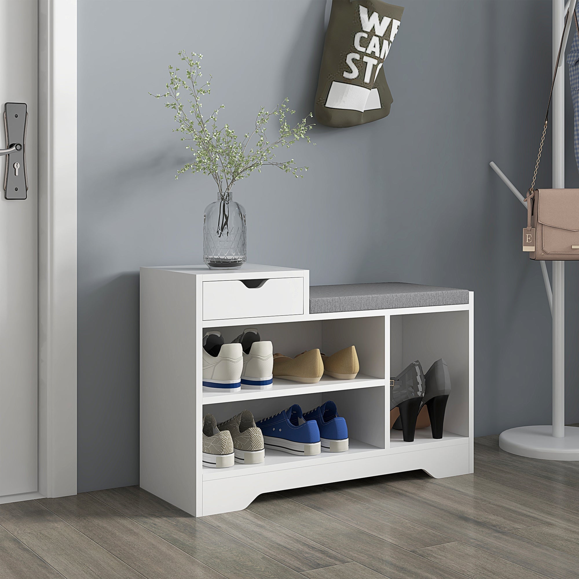 HOMCOM Shoe Simplicity: Storage Bench with Seat Drawer, 3 Open Shelves, Upholstered Entrance Bench for Hallway