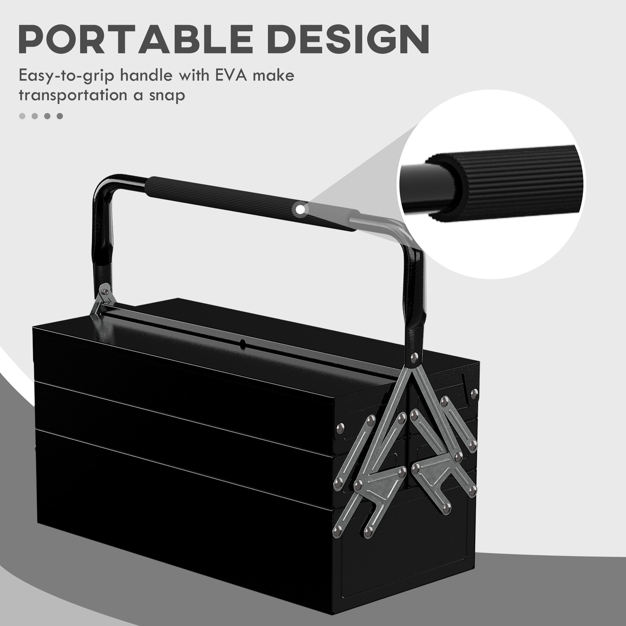 DURHAND 18" inches Metal Tool Box, Portable 5-Tray Cantilever Steel Tool Chest Cabinet, Black