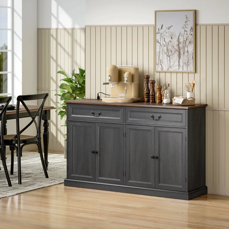 55" Farmhouse Sideboard Buffet Cabinet with Charging Station, 2 Drawers and 2 Adjustable Shelves, Black Wood Grain