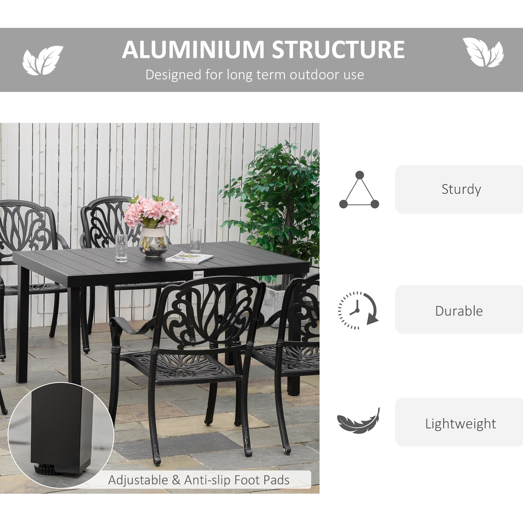 Outsunny Outdoor Dining Table for 6 Rectangular Aluminum Patio Table Garden Lawn Backyard Black