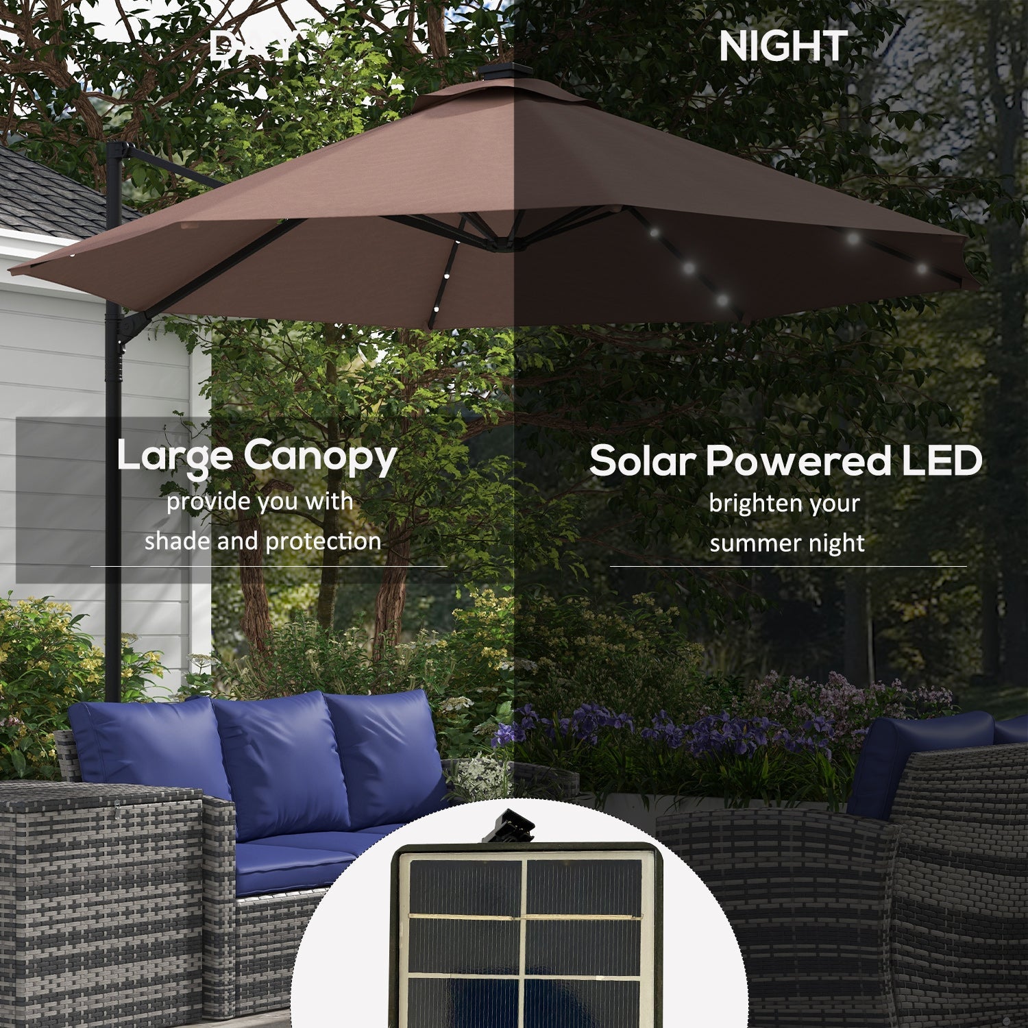 Outsunny 9.6'x8.5' Cantilever Umbrella Solar LED Lights Rectangle Hanging Offset 360° Rotation