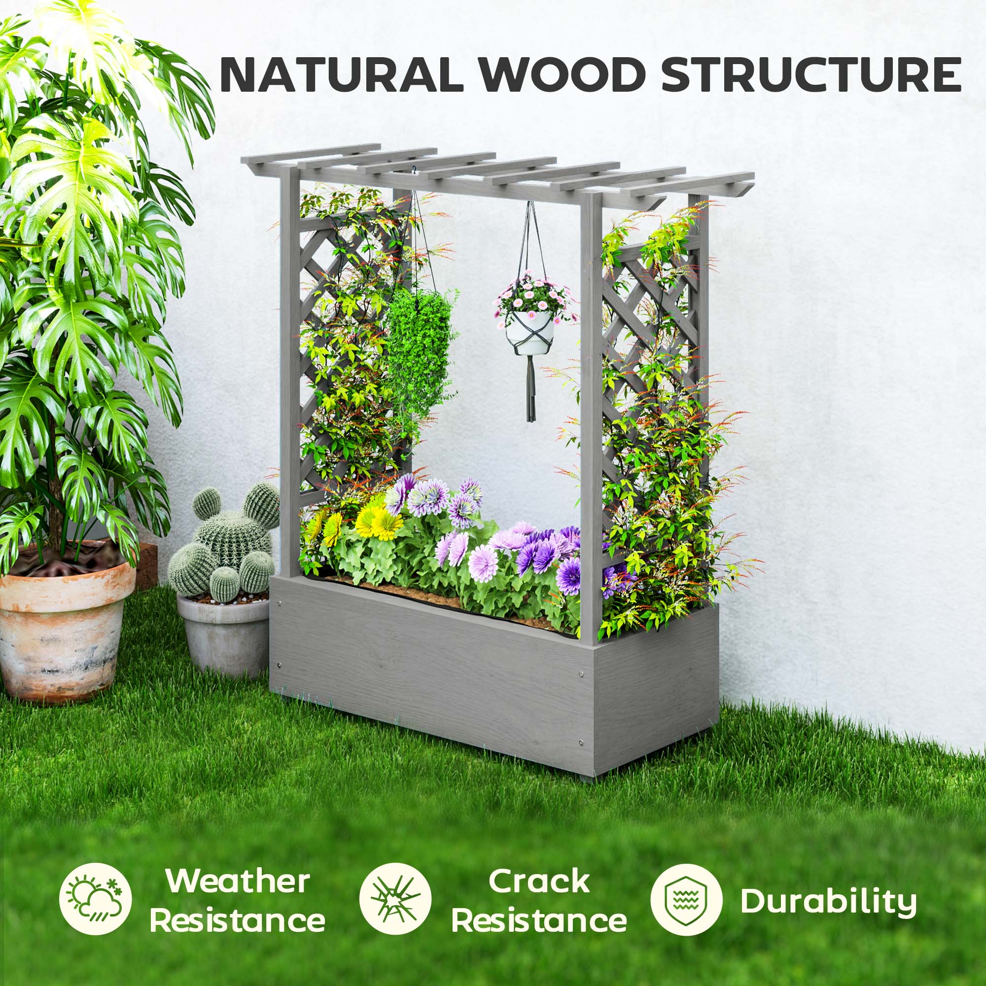 Outsunny Wooden Raised Garden Bed with Trellis, Outdoor Planter Box with Hanging Roof, Drainage Holes and Bed Liner