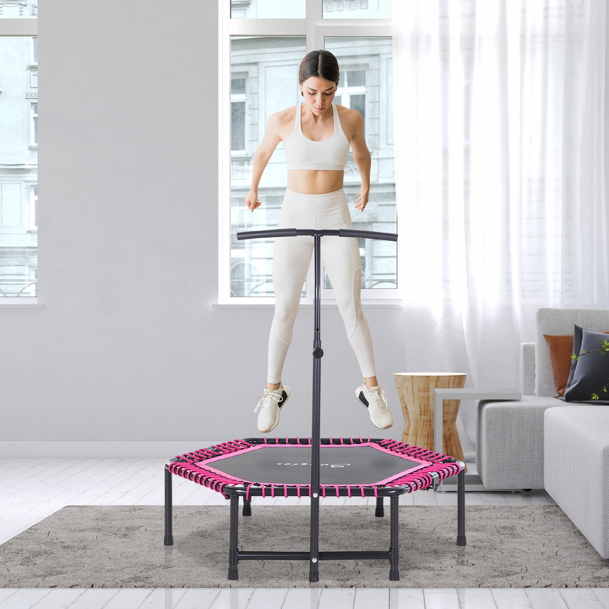 Soozier Hexagon Mini Trampoline 48" Adult Fitness Rebounder with Adjustable Handle Pink Cardio Trainer Outdoor Bouncer