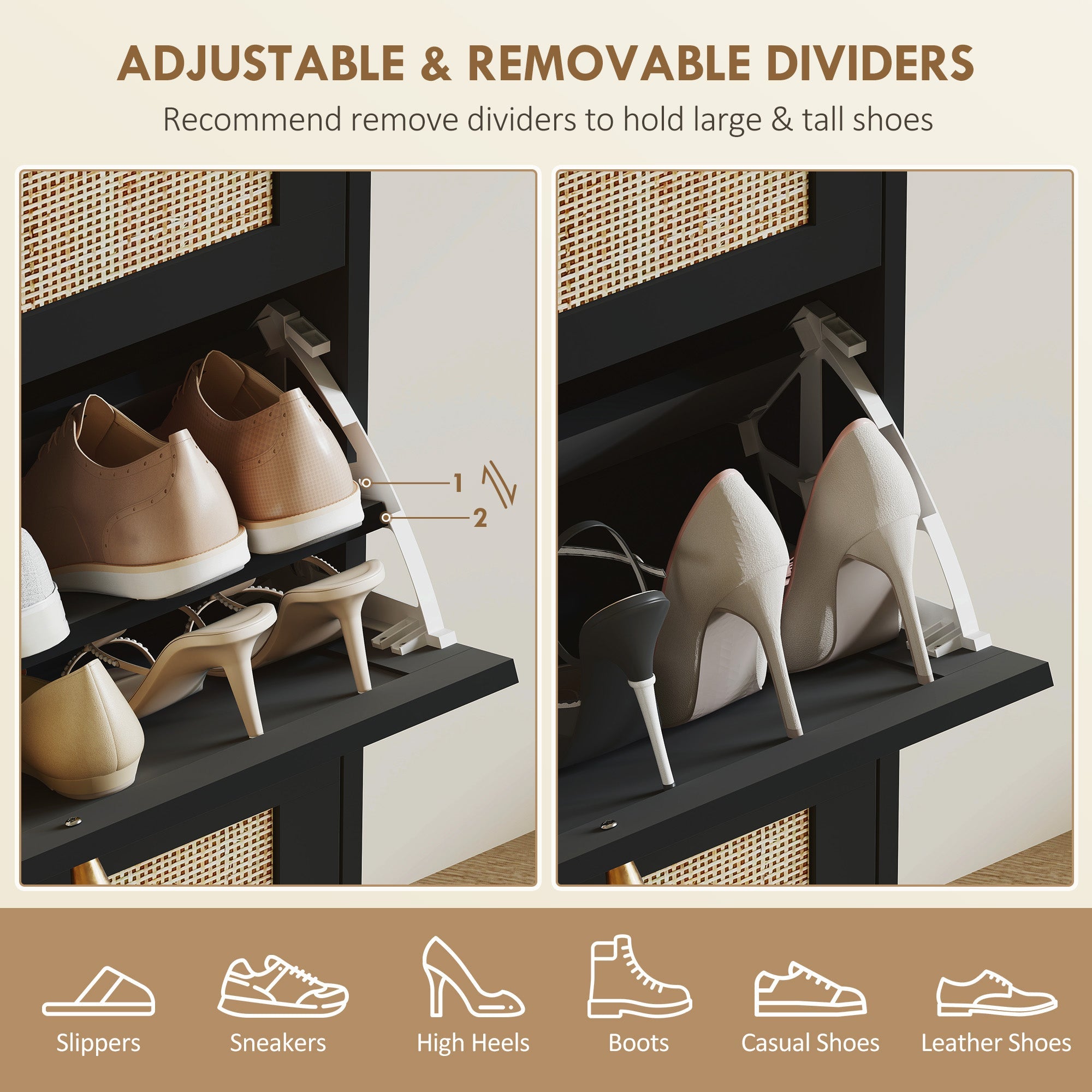HOMCOM Rattan Shoe Cabinet: 3 Flip Drawers, Adjustable Shelves for 18 Pairs, Entryway/Hallway Organizer