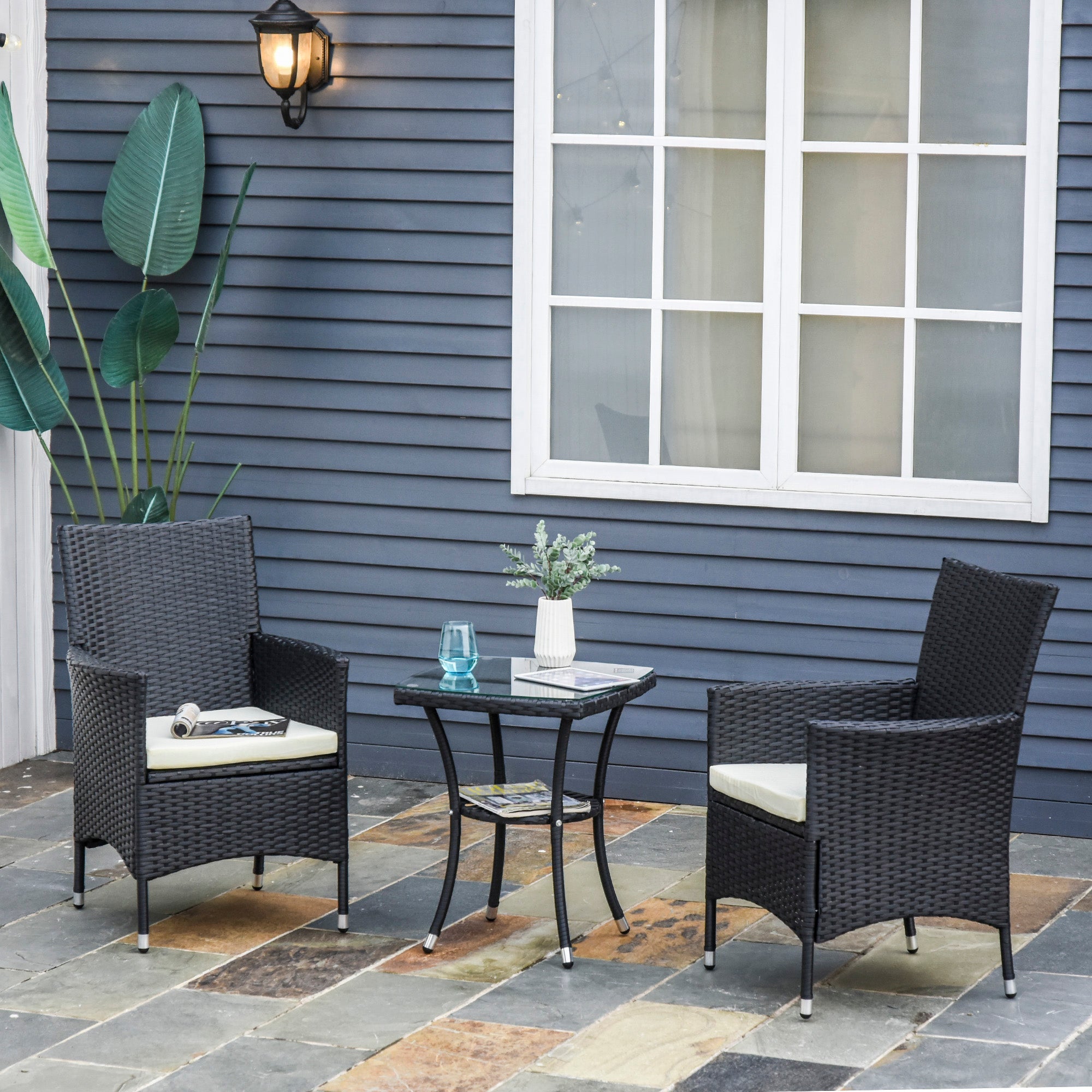 Outsunny 3PC Patio Bistro Set Outdoor Rattan Furniture Two Armchairs Glass Top Coffee Table Porch Black
