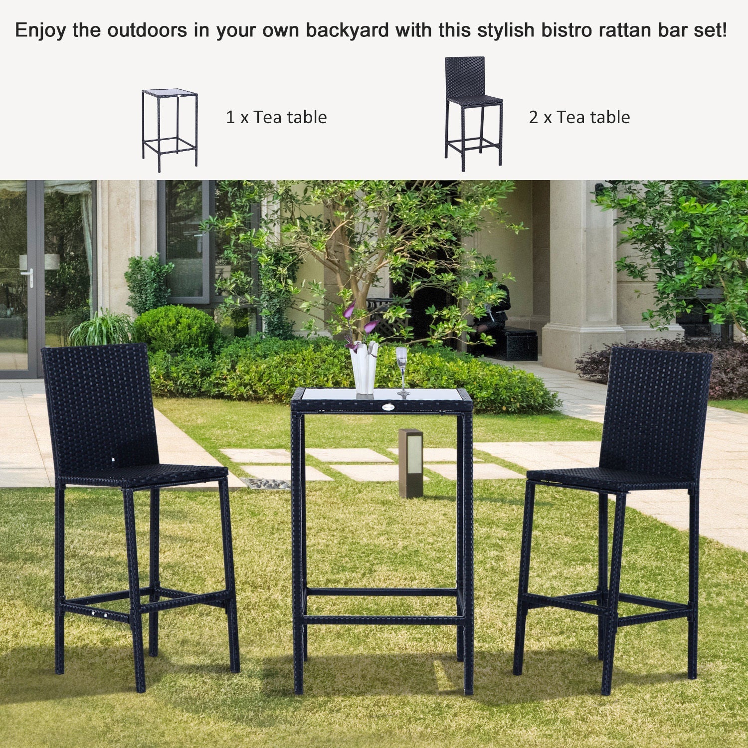 Outsunny 3pc Patio Bar Set Outdoor Wicker Rattan Garden Deck Bistro Barstool Table Furniture Brown